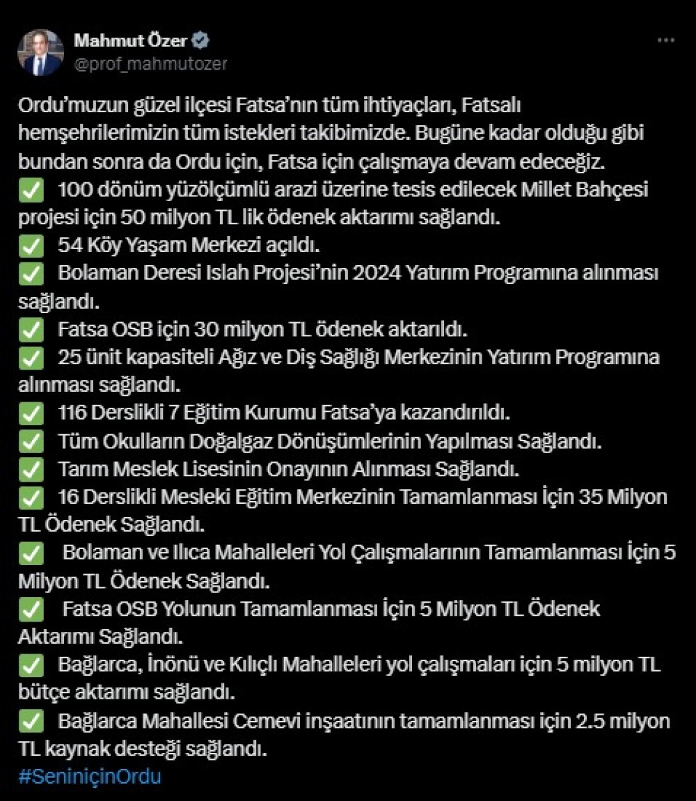 AK PARTİ ORDU MİLLETVEKİLİ PROF. DR. MAHMUT ÖZER: “FATSA’YA ÇOK ÖNEMLİ PROJE VE YATIRIMLAR KAZANDIRDIK”