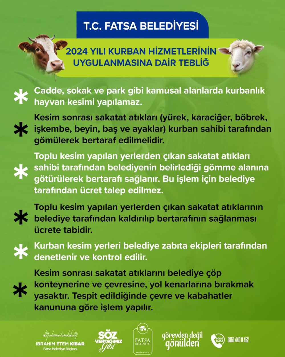 FATSA BELEDİYESİ 2024 YILI KURBAN HİZMETLERİNİN UYGULANMASINA DAİR TEBLİĞ